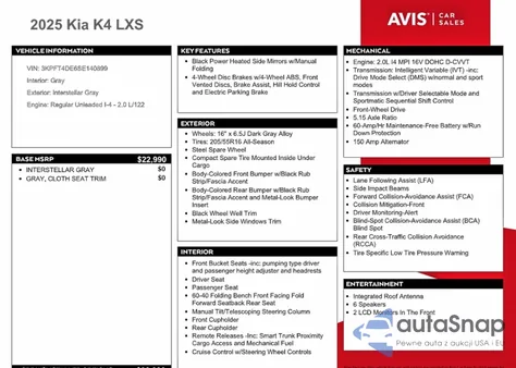 2025 Kia K4 Lx z USA, uszkodzony, nr VIN 3KPFT4DE6SE140899